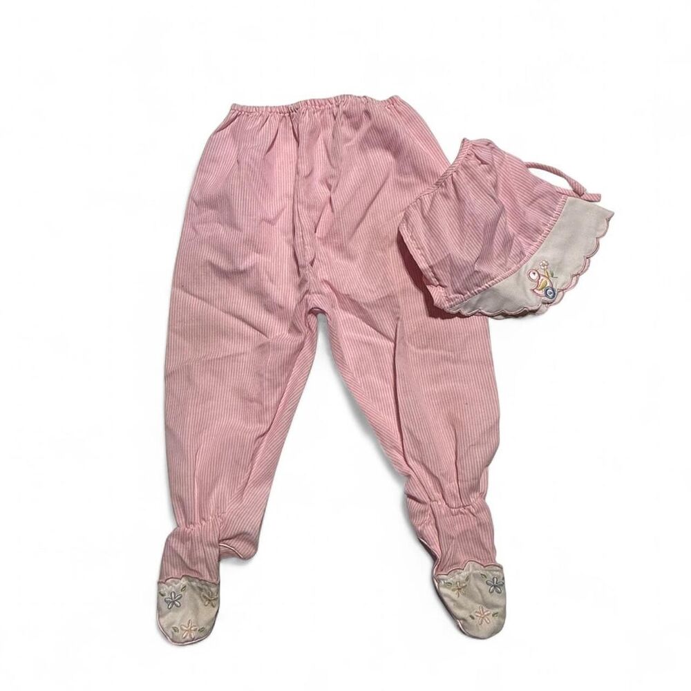 Vintage Pink White Seersucker Footed Pants & Bonnet Hat Set 6-9M